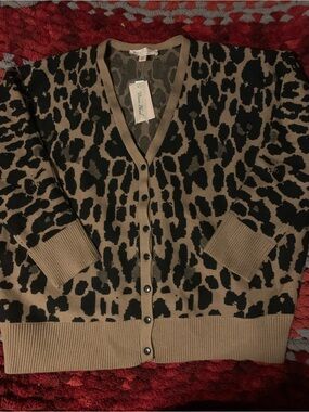 Philosophy Taupe and Black Leopard Print V-Neck Button Cardigan